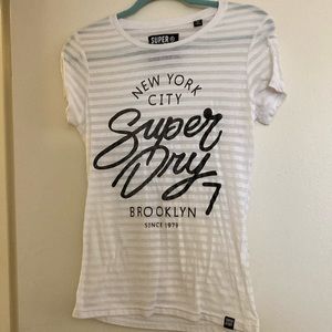SuperDry White Short Sleeve Top , striped w/see-through fabric, black sparkle S